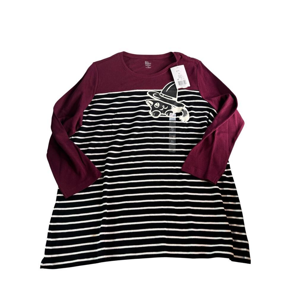 Kim Rogers Halloween Witch Cat Shirt XL Striped 3/4 Sleeve Cotton Tee Cute